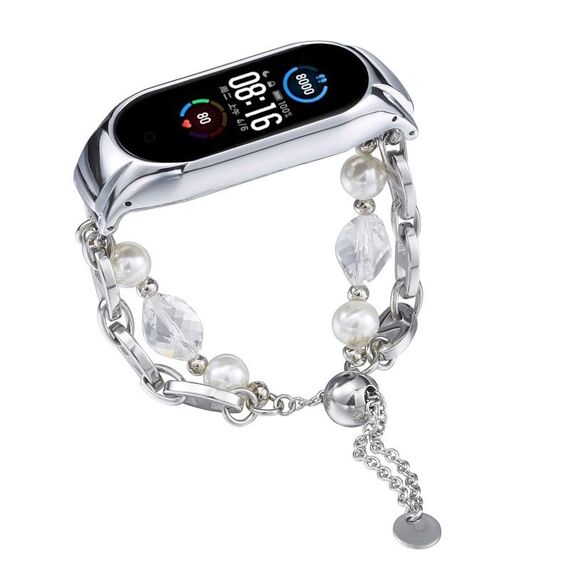 Per cinturino per orologio Xiaomi Mi Band 5/6 in onice con perline di cristallo (argento + perline di cristallo)