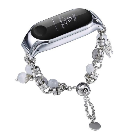 Per cinturino per orologio Xiaomi Mi Band 3/4 in onice con perline di cristallo (argento + farfalla)