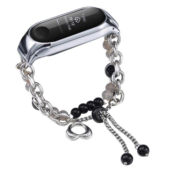 Per cinturino per orologio Xiaomi Mi Band 3/4 in onice con perline di cristallo (argento + perla nera)