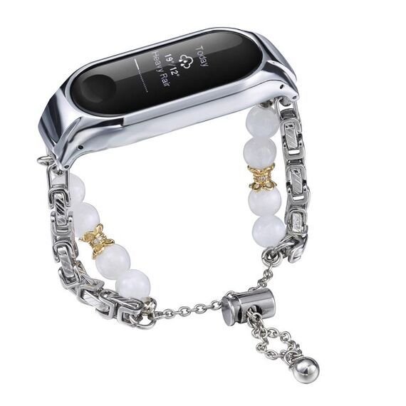 Per cinturino per orologio Xiaomi Mi Band 3/4 in onice con perline di cristallo (colletto in argento + rame)