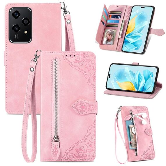 Custodia per telefono in pelle con cerniera fiore goffrato per Honor 200 Lite (rosa)