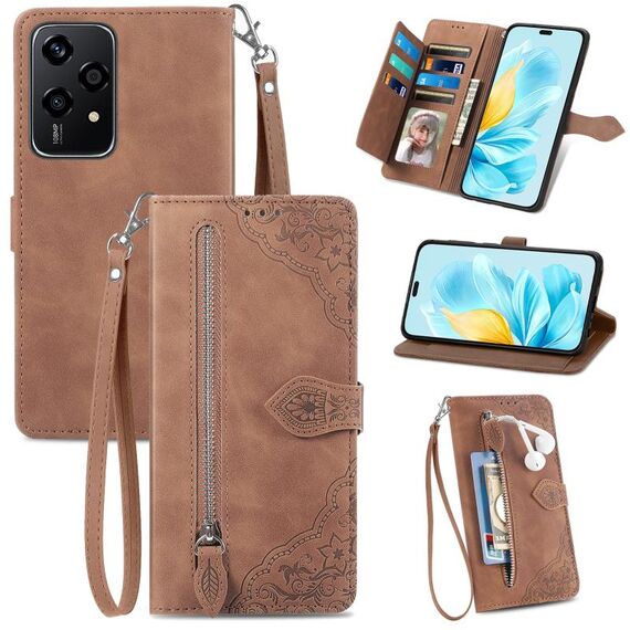 Custodia per telefono in pelle con cerniera fiore goffrato per Honor 200 Lite (marrone)