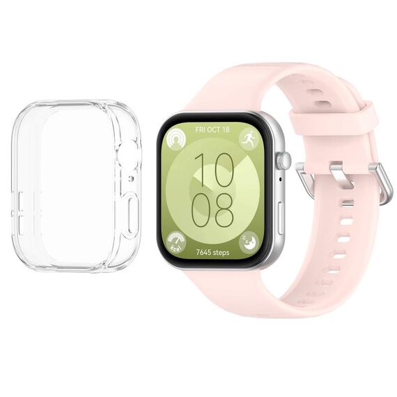 Per Huawei Watch Fit3 cinturino morbido in silicone + custodia protettiva trasparente per orologio (rosa)