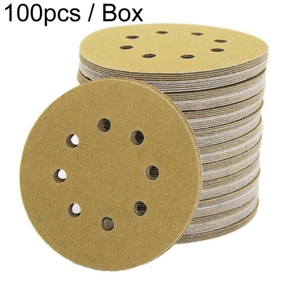 100 pezzi/scatola 5 pollici 8 fori carta vetrata a disco rotondo 125 mm foglio floccato sabbia gialla, grana: P180