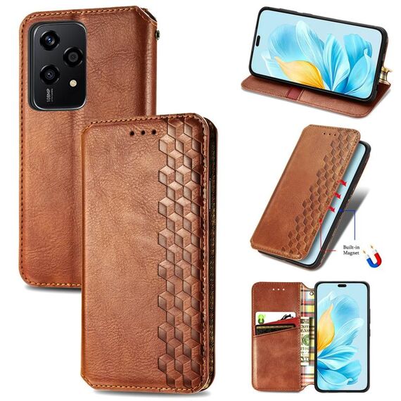 Custodia per telefono in pelle magnetica pressata con griglia cubica globale per Honor 200 Lite (marrone)