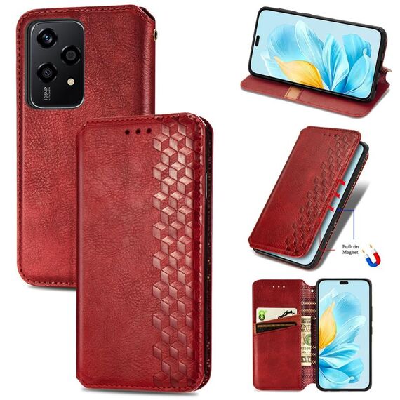 Custodia per telefono in pelle magnetica pressata con griglia cubica globale per Honor 200 Lite (rossa)