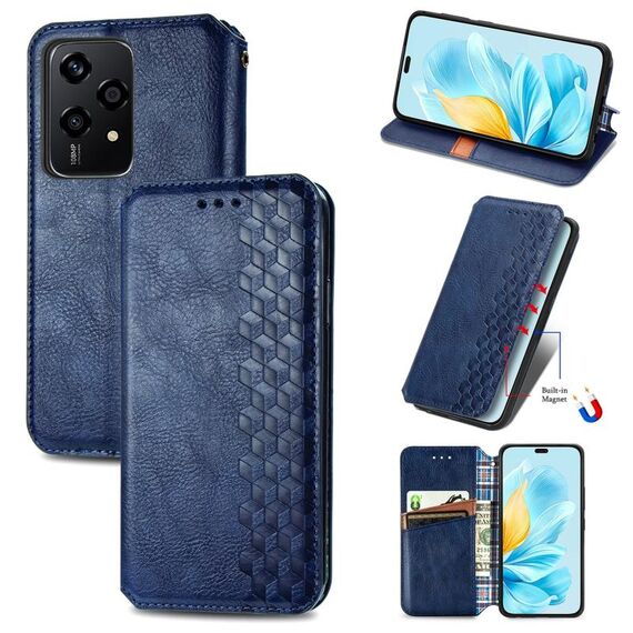 Custodia per telefono in pelle magnetica pressata con griglia cubica globale per Honor 200 Lite (blu)