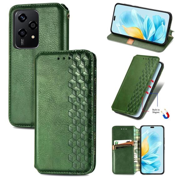 Custodia per telefono in pelle magnetica pressata con griglia cubica globale per Honor 200 Lite (verde)