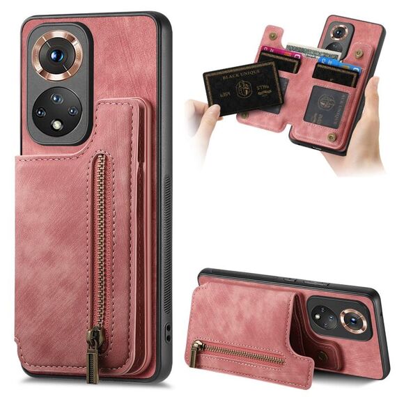 Custodia per telefono posteriore con cerniera in pelle retrò per Honor 50 (rosa)