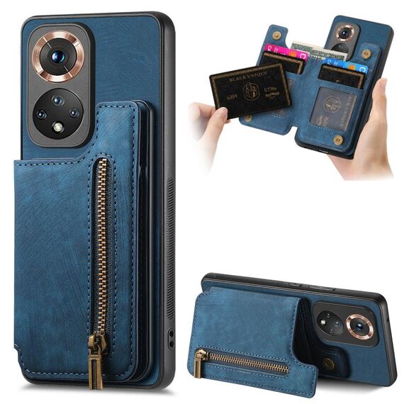 Custodia per telefono posteriore con cerniera in pelle retrò per Honor 50 (blu)
