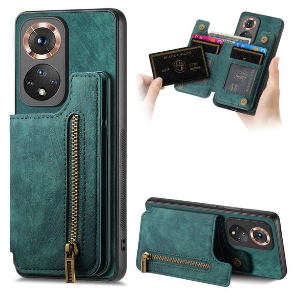 Custodia per telefono posteriore con cerniera in pelle retrò per Honor 50 (verde)