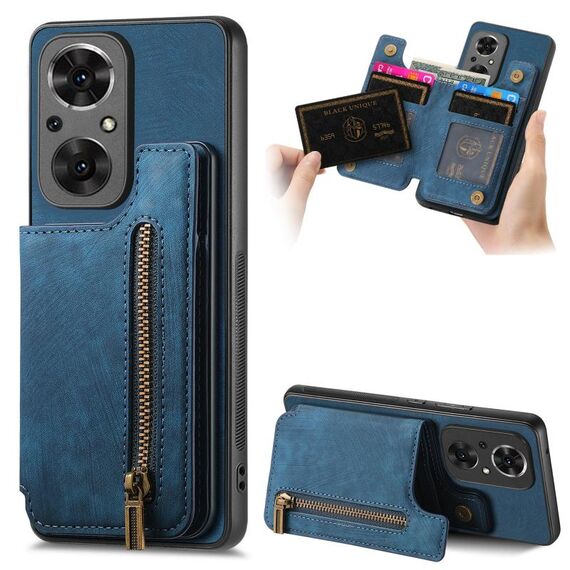 Custodia per telefono posteriore con cerniera in pelle retrò per Honor 50 SE (blu)