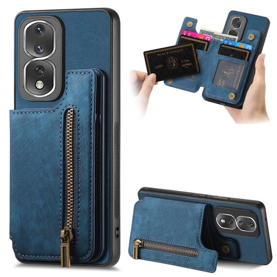 Custodia per telefono posteriore con cerniera in pelle retrò per Honor 80 Pro (blu)