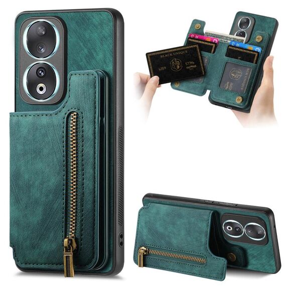Custodia per telefono posteriore con cerniera in pelle retrò per Honor 90 (verde)