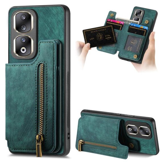 Custodia per telefono posteriore con cerniera a portafoglio in pelle retrò per Honor 90 Pro (verde)