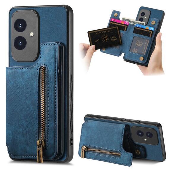Custodia per telefono posteriore con cerniera in pelle retrò per Honor 100 (blu)
