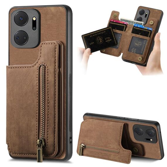 Custodia per telefono posteriore con cerniera in pelle retrò per Honor X7a (marrone)