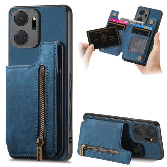 Custodia per telefono posteriore con cerniera in pelle retrò per Honor X7a (blu)