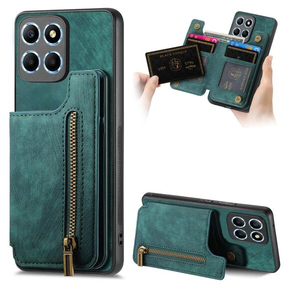 Custodia per telefono posteriore con cerniera in pelle retrò per Honor X8 5G (verde)