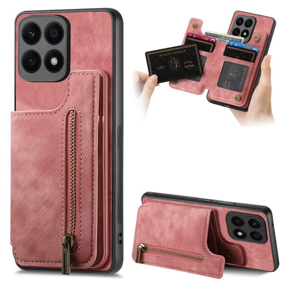 Custodia per telefono posteriore con cerniera in pelle retrò per Honor X8a (rosa)