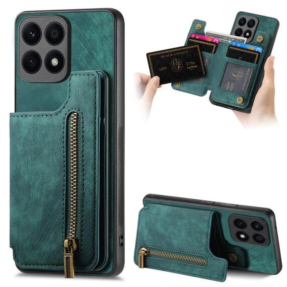 Custodia per telefono posteriore con cerniera in pelle retrò per Honor X8a (verde)