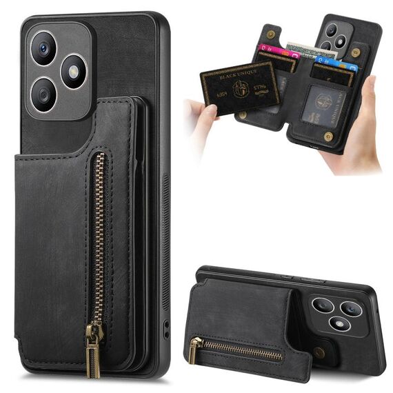 Custodia per telefono posteriore con cerniera in pelle retrò per Honor X50i+ (nera)