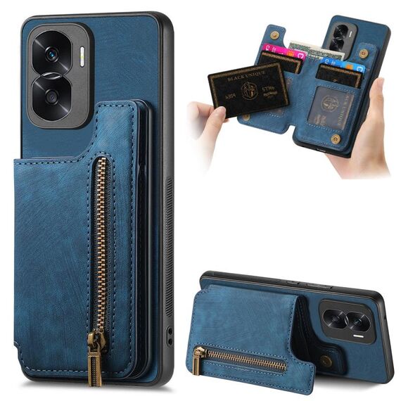 Custodia per telefono posteriore con cerniera in pelle retrò per Honor X50i / 90 Lite (blu)