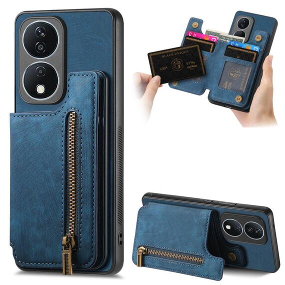 Per Honor X7b Retro Custodia in pelle con cerniera e portafoglio posteriore per telefono (blu)