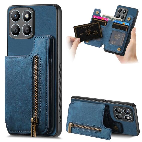 Custodia per telefono posteriore con cerniera in pelle retrò per Honor X8b (blu)