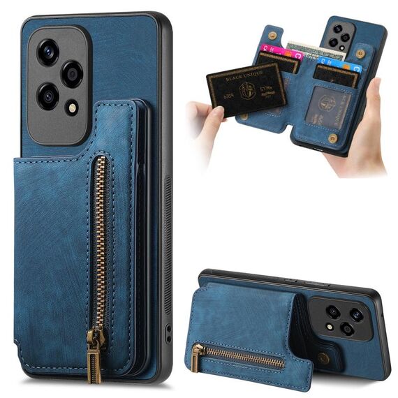 Custodia per telefono posteriore con cerniera in pelle retrò per Honor 200 Lite (blu)