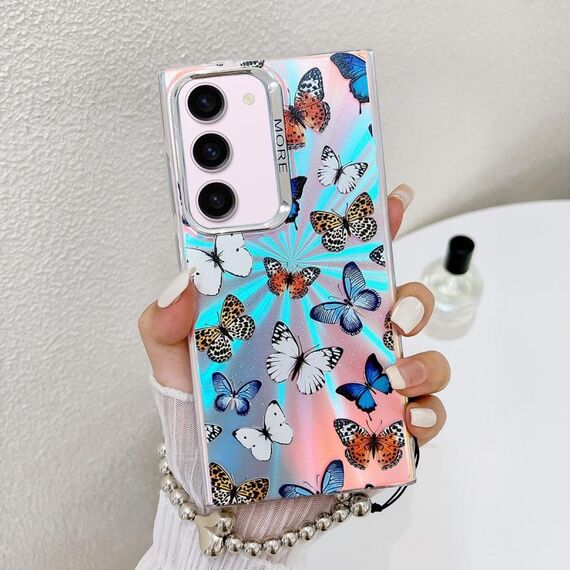 Per Samsung Galaxy S23+ 5G Custodia per telefono con farfalla laser galvanica con cinturino da polso (farfalle colorate AB1)