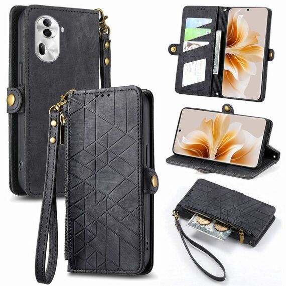 Per OPPO Reno11 5G Custodia per cellulare in pelle con fibbia laterale a portafoglio con cerniera geometrica globale (nero)