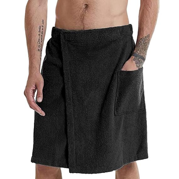 Asciugamano da spiaggia adesivo regolabile Doccia Accappatoio indossabile da uomo con tasche, Taglia: L (Nero)