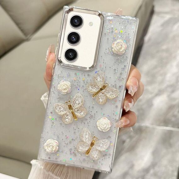 Per Samsung Galaxy S23 5G Custodia per telefono in TPU con glitter tridimensionale a farfalla (oro)