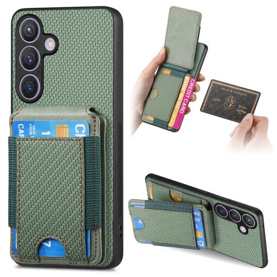 Custodia per telefono con supporto a portafoglio verticale in fibra di carbonio per Samsung Galaxy S24 5G (verde)