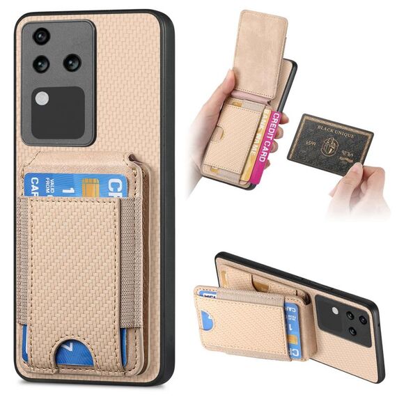 Custodia per telefono con supporto a portafoglio verticale in fibra di carbonio per vivo S18 Pro (cachi)