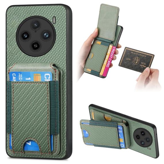 Custodia per telefono con supporto a portafoglio verticale in fibra di carbonio per vivo X100 Pro 5G (verde)