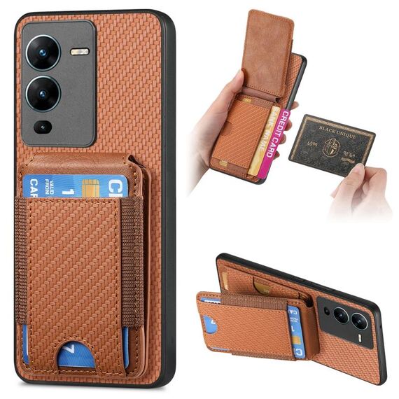 Per vivo V25 Pro Custodia per telefono con supporto a portafoglio verticale in fibra di carbonio (marrone)