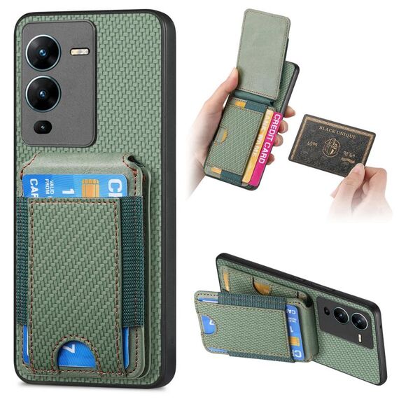 Custodia per telefono con supporto a portafoglio verticale in fibra di carbonio per vivo V25 Pro (verde)