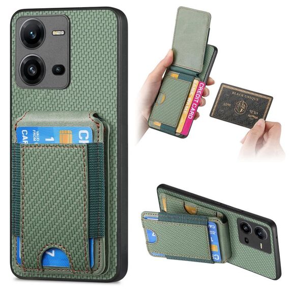 Per vivo V25 Custodia per telefono con supporto a portafoglio verticale in fibra di carbonio (verde)