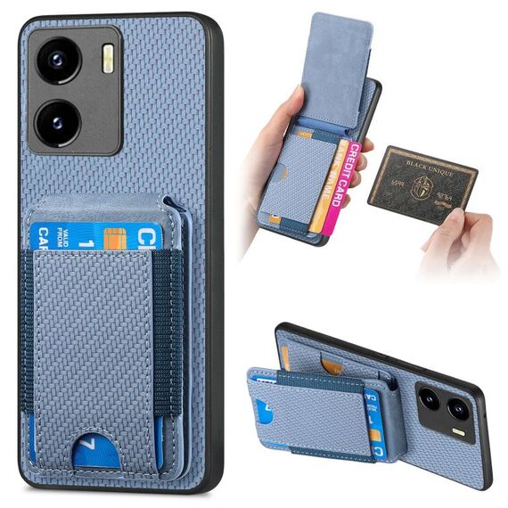 Per vivo Y15s Custodia per telefono con supporto a portafoglio verticale in fibra di carbonio (blu)