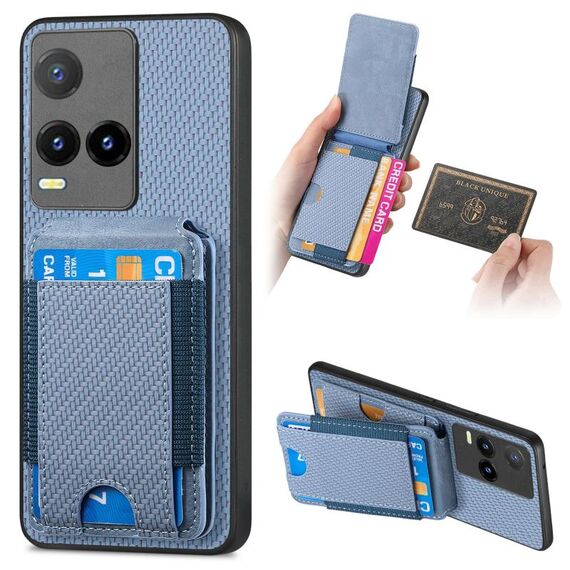 Per vivo Y21s Custodia per telefono con supporto a portafoglio verticale in fibra di carbonio (blu)