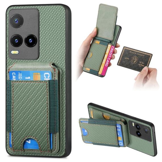 Custodia per telefono con supporto a portafoglio verticale in fibra di carbonio per vivo Y21s (verde)