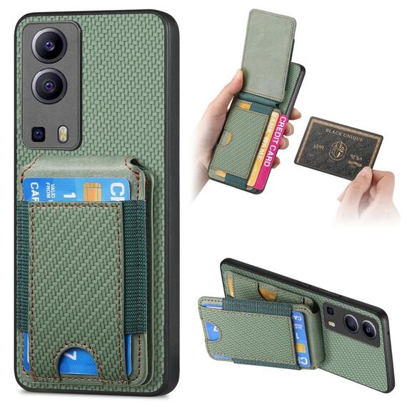 Custodia per telefono con supporto a portafoglio verticale in fibra di carbonio per vivo Y72 5G (verde)