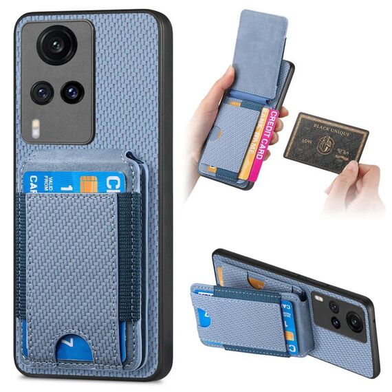 Per vivo X60 Custodia per telefono con supporto a portafoglio verticale in fibra di carbonio (blu)