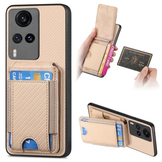 Per vivo X60 Custodia per telefono con supporto a portafoglio verticale in fibra di carbonio (cachi)