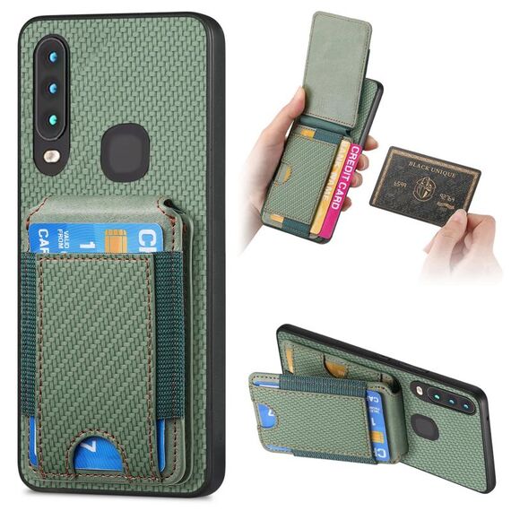 Per vivo Y12 / Y15 / Y17 / Y3 Custodia per telefono con supporto a portafoglio verticale in fibra di carbonio (verde)