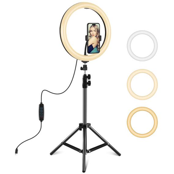 PULUZ 11,8 pollici 30 cm luce + 1,1 m supporto per treppiede superficie curva tipo C 3 modalità dimmerabile doppia temperatura colore LED anello vlogging luce video kit di trasmissione dal vivo con morsetto per telefono (nero)
