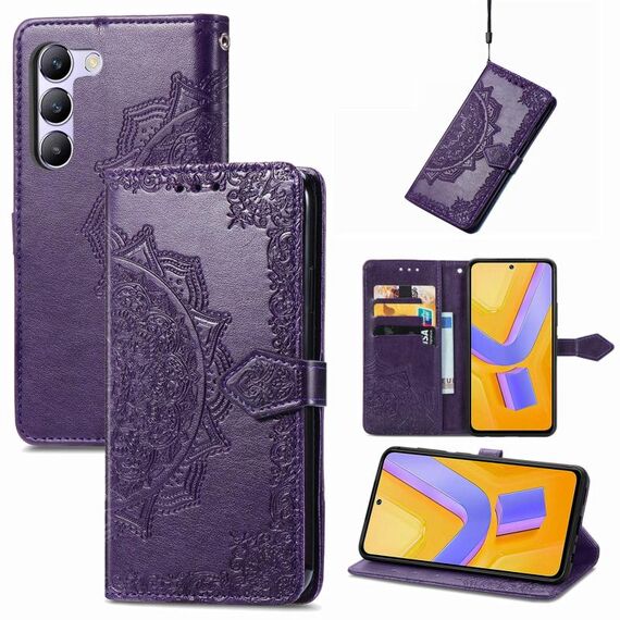 Custodia per telefono in pelle con motivo floreale mandala per vivo V40 SE (viola)