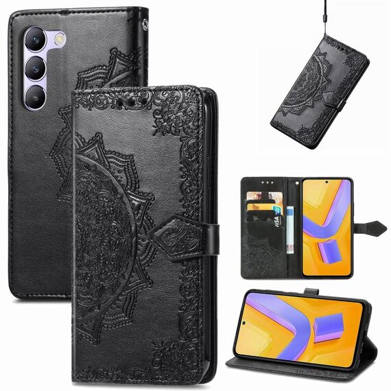 Custodia per telefono in pelle goffrata con fiori mandala per vivo V40 SE (nera)